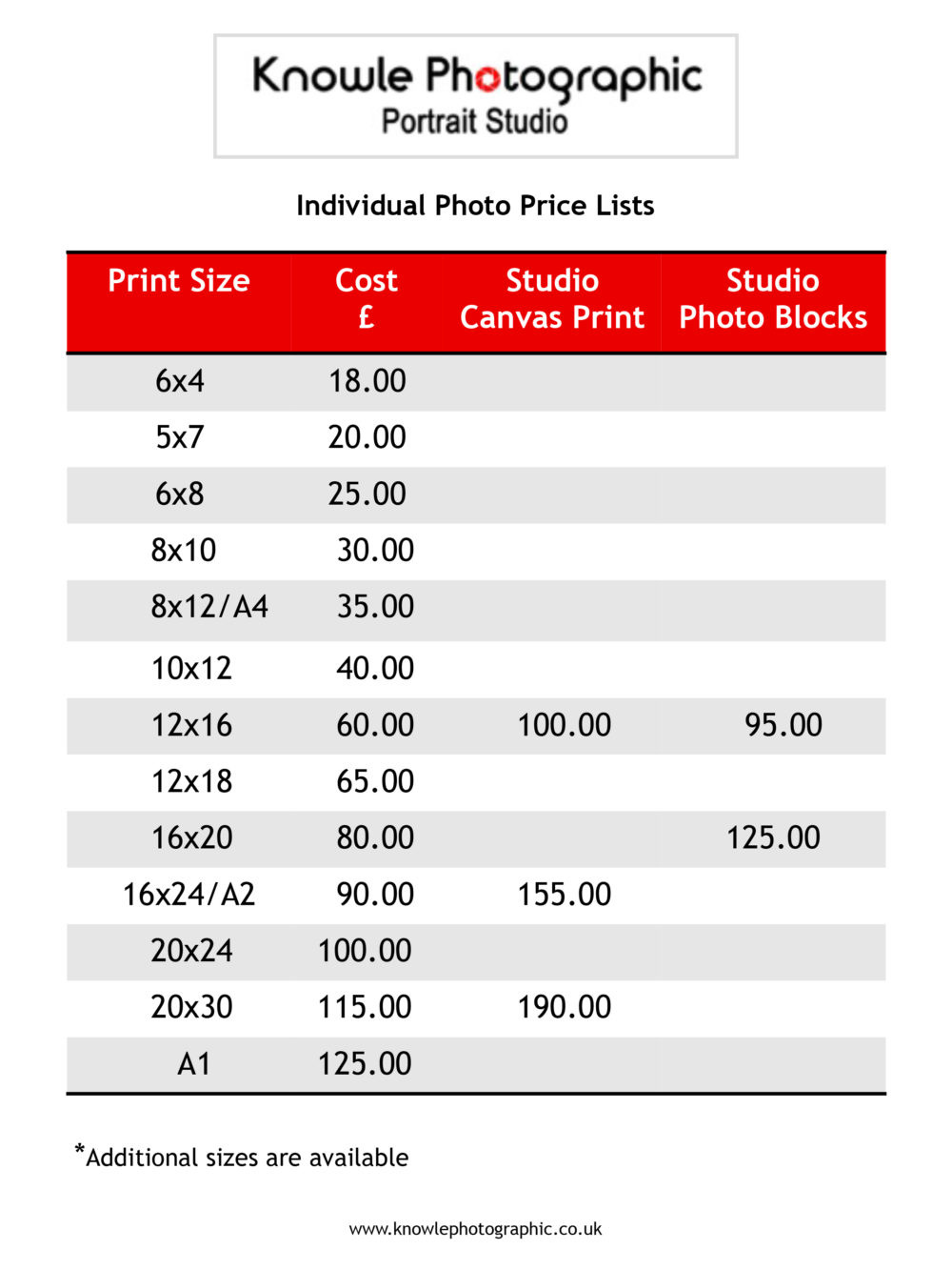 Studio PriceList .key Knowle Photographic